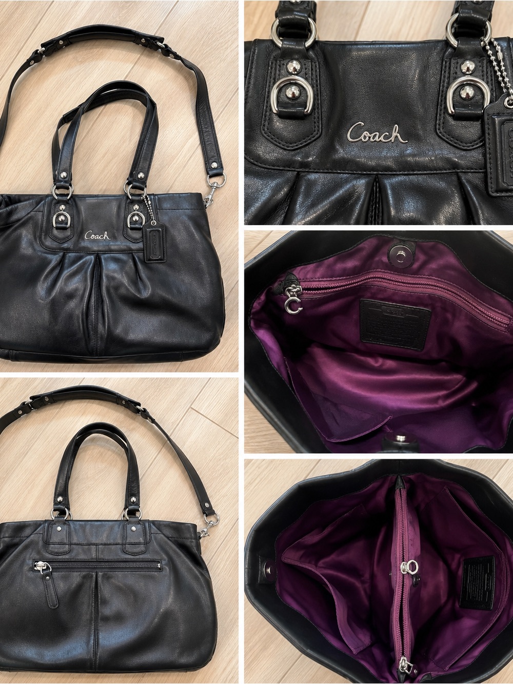 Coach Black Leather Shoulder Bag with Purple Interior